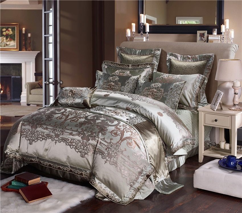 Linge De Lit today Joli Blue Golden Luxury Silk Lace Bedding Set King Queen Bed Sheet Set