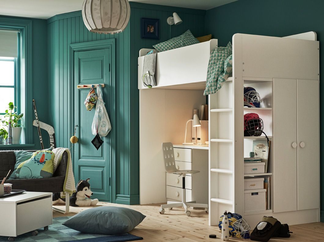 Lit Mezzanine Stuva Beau Children S Bedroom with Turquoise Walls and White Loft Bed with Desk