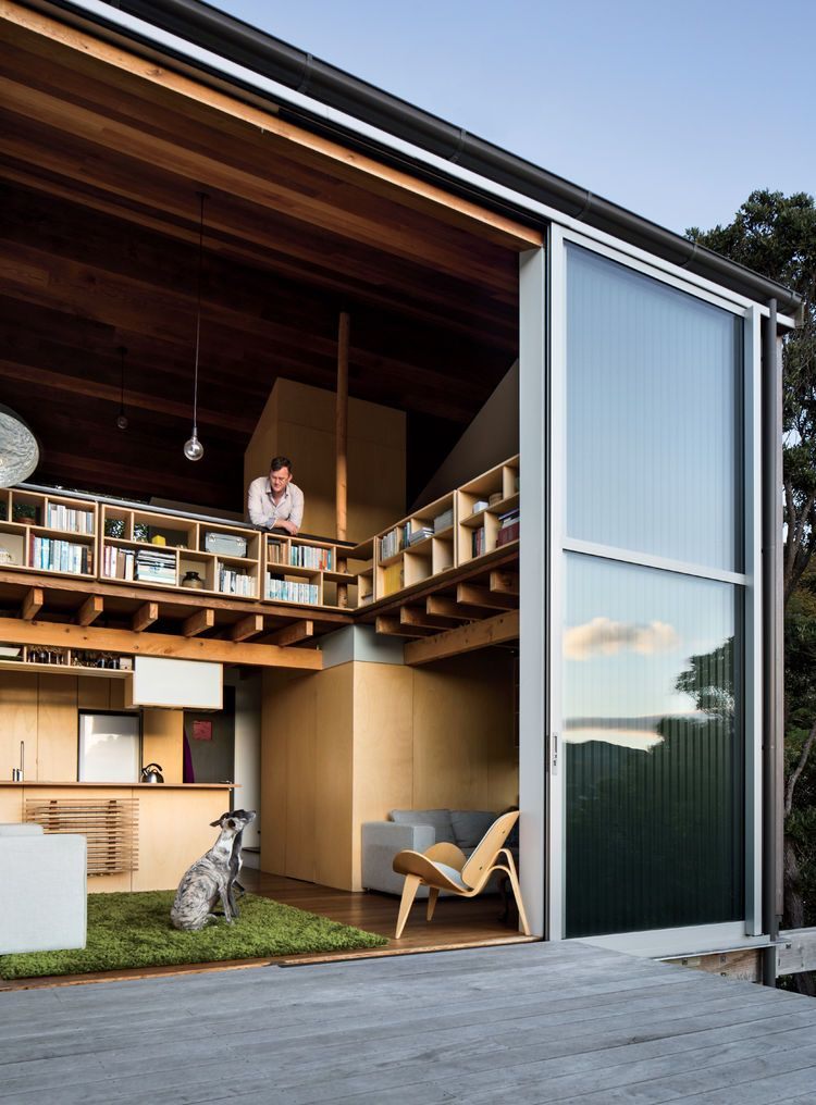 Plan Lit Mezzanine Douce Modern Small Space In New Zealand with Deck and Lofted Bedroom with